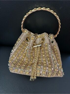 Gold Beaded Evening Drawstring Bag - Unbranded